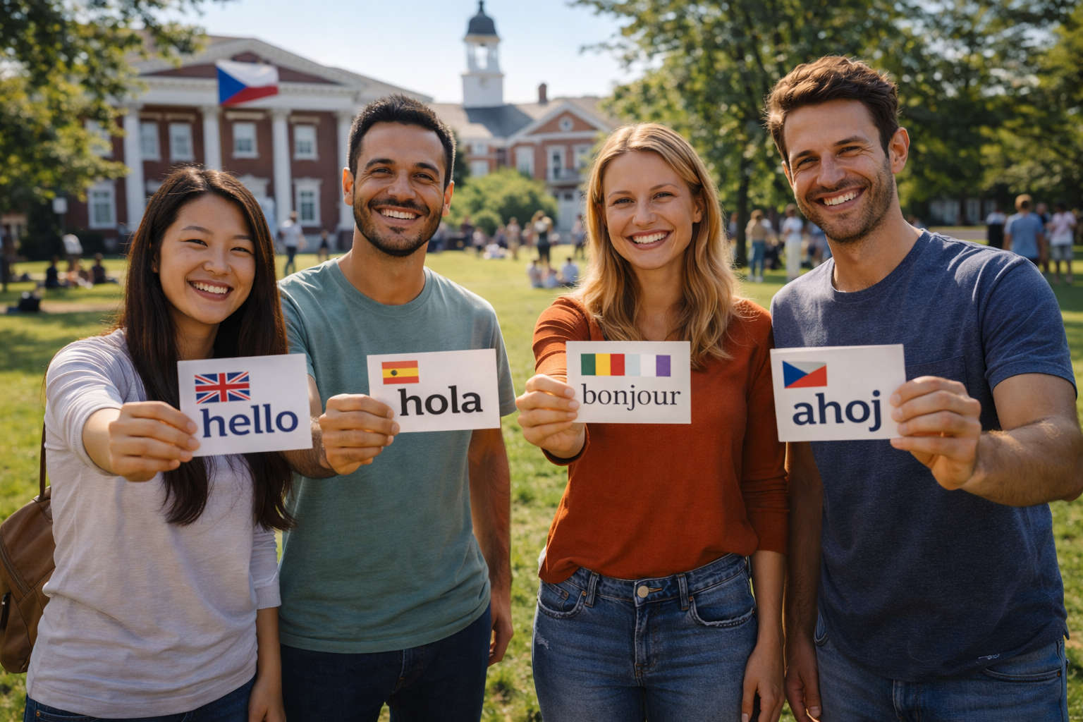 Языковые таблички в руках студентов 